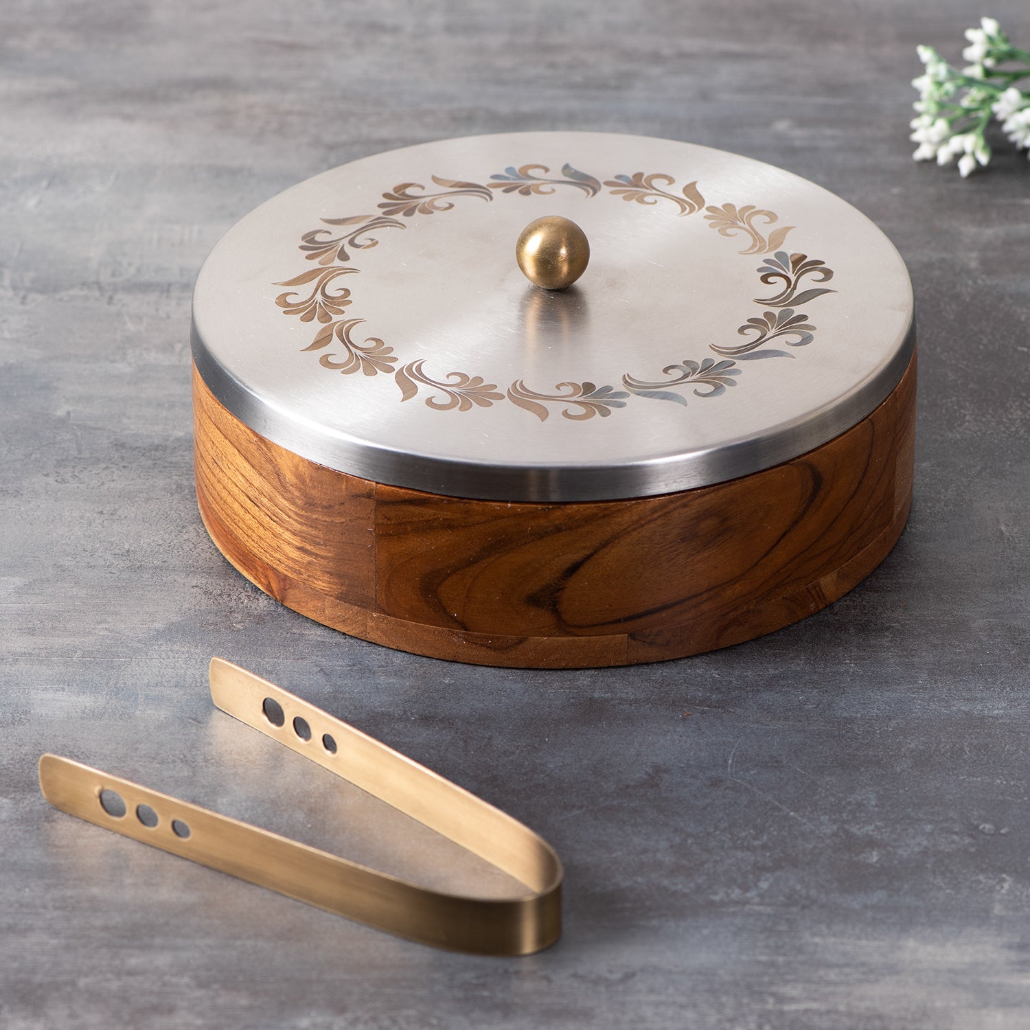 Buy Silver Acacia Wood Roti Box with Tong Online in India - Nestroots