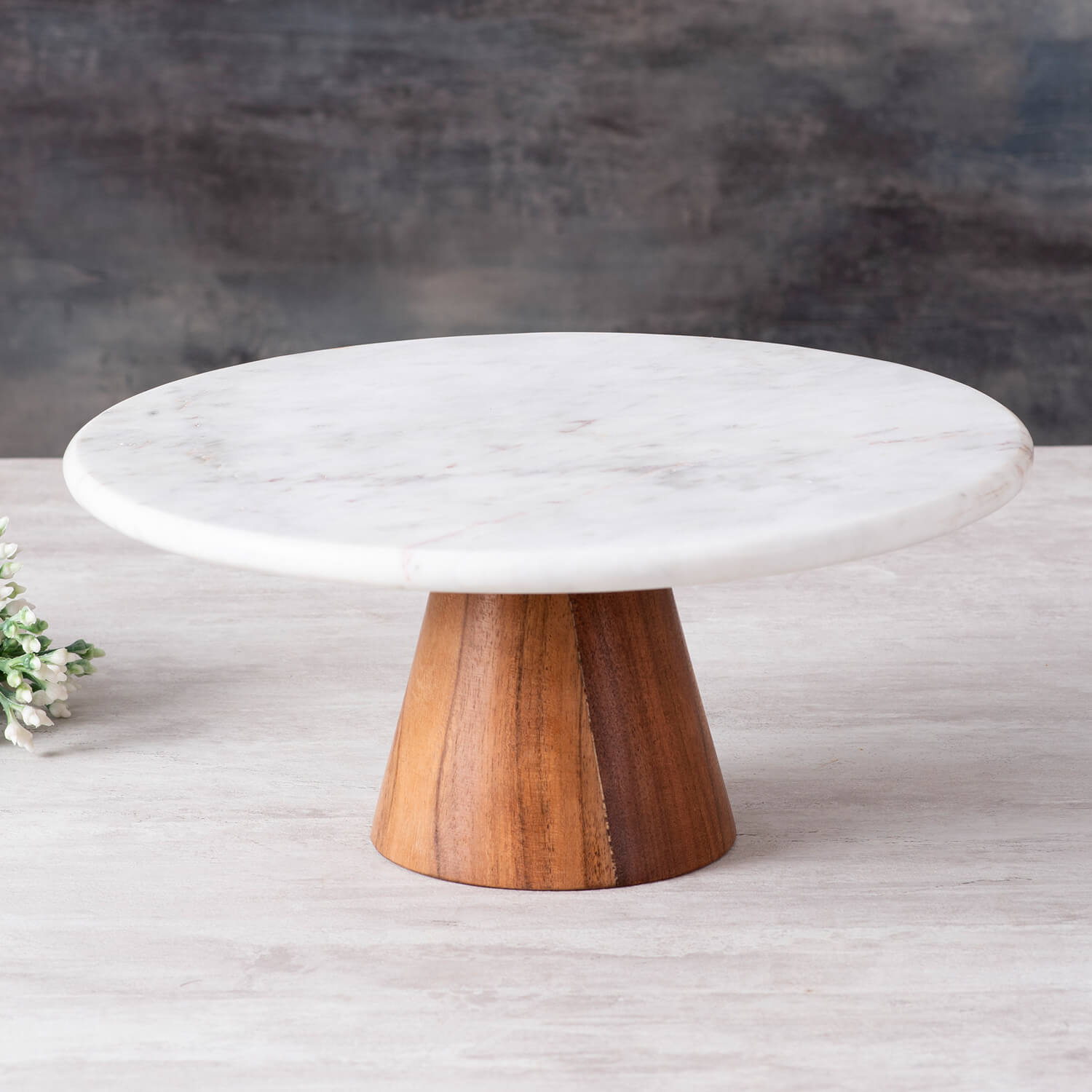 wooden cake stand with marble
